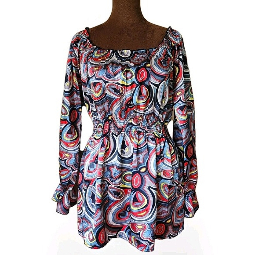 NICOLA Multicolor Abstract Peasant Top - Red, Blue, Black, Yellow